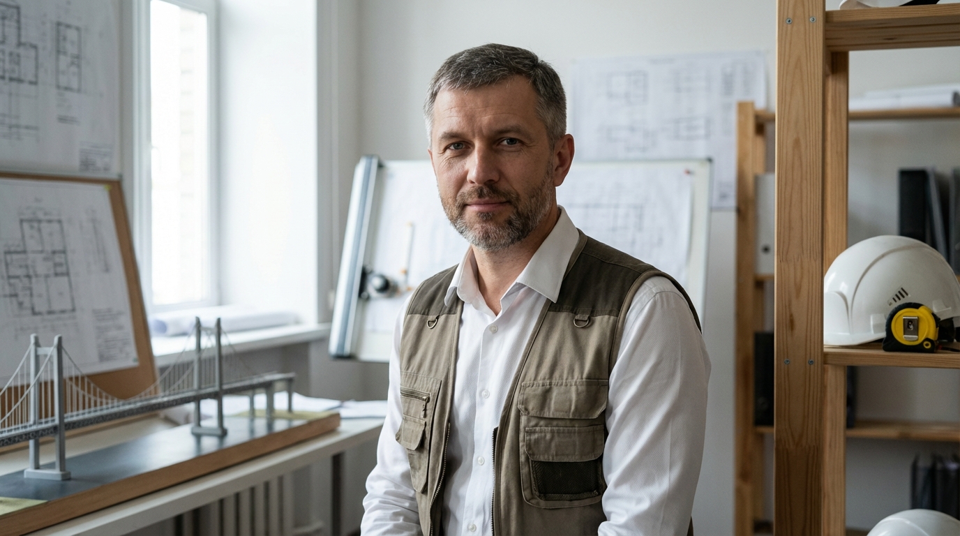 Дмитрий Соколов — портрет инженера в профессиональной обстановке с элементами строительного оборудования